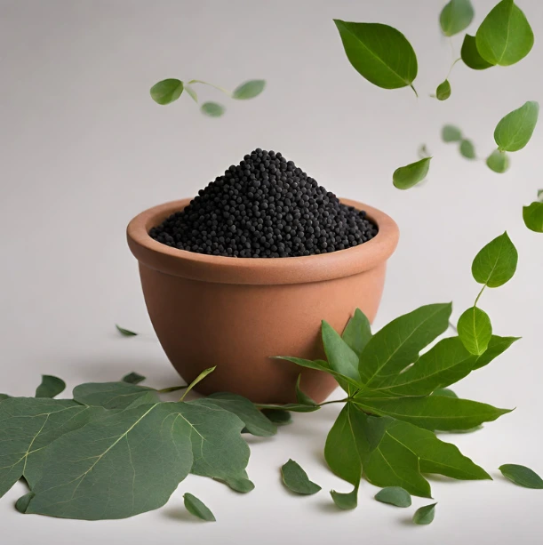 activated carbon in a pot with leaves in background