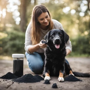 A dog owner measuring a precise amount of activated charcoal and administering it to their dog, illustrating responsible and measured usage.