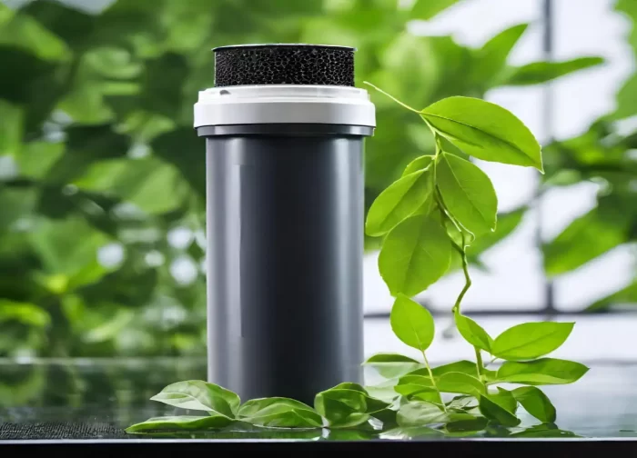 activated carbon water filter with green leaves in background