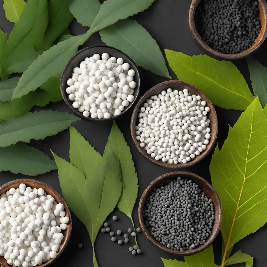 activated carbon, activated alumina and molecular sieve in one picture with leaves in background