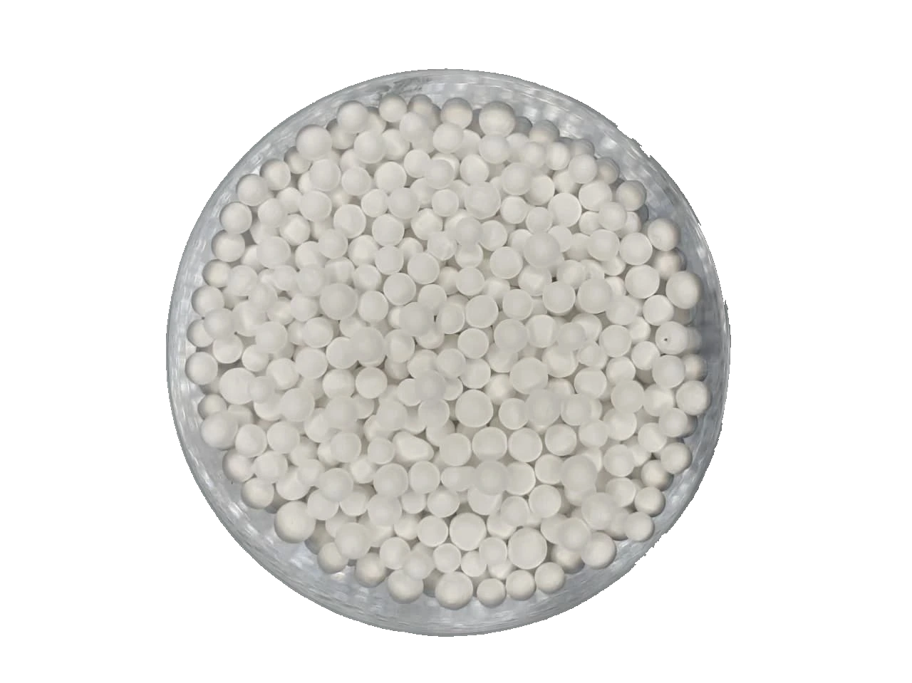 Activated alumina balls are in a small dish.