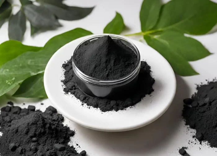 activated charcoal powder with green leaves in background