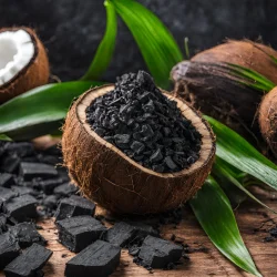 coconut charcoal in coconut with green leaves in background