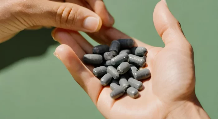 activated charcoal small pills in hand with green background