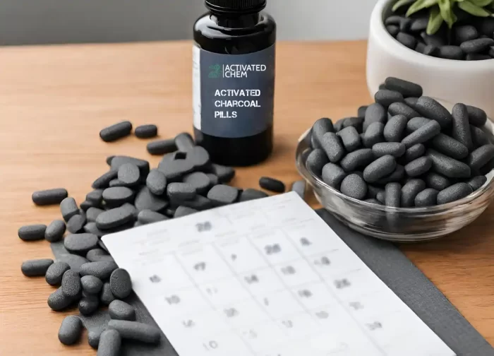 a calendar next to the activated charcoal pills