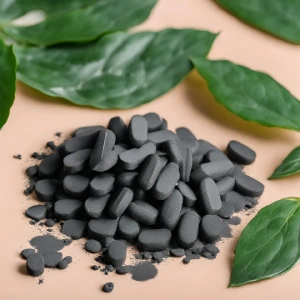 activated charcoal pills with green leaves in background